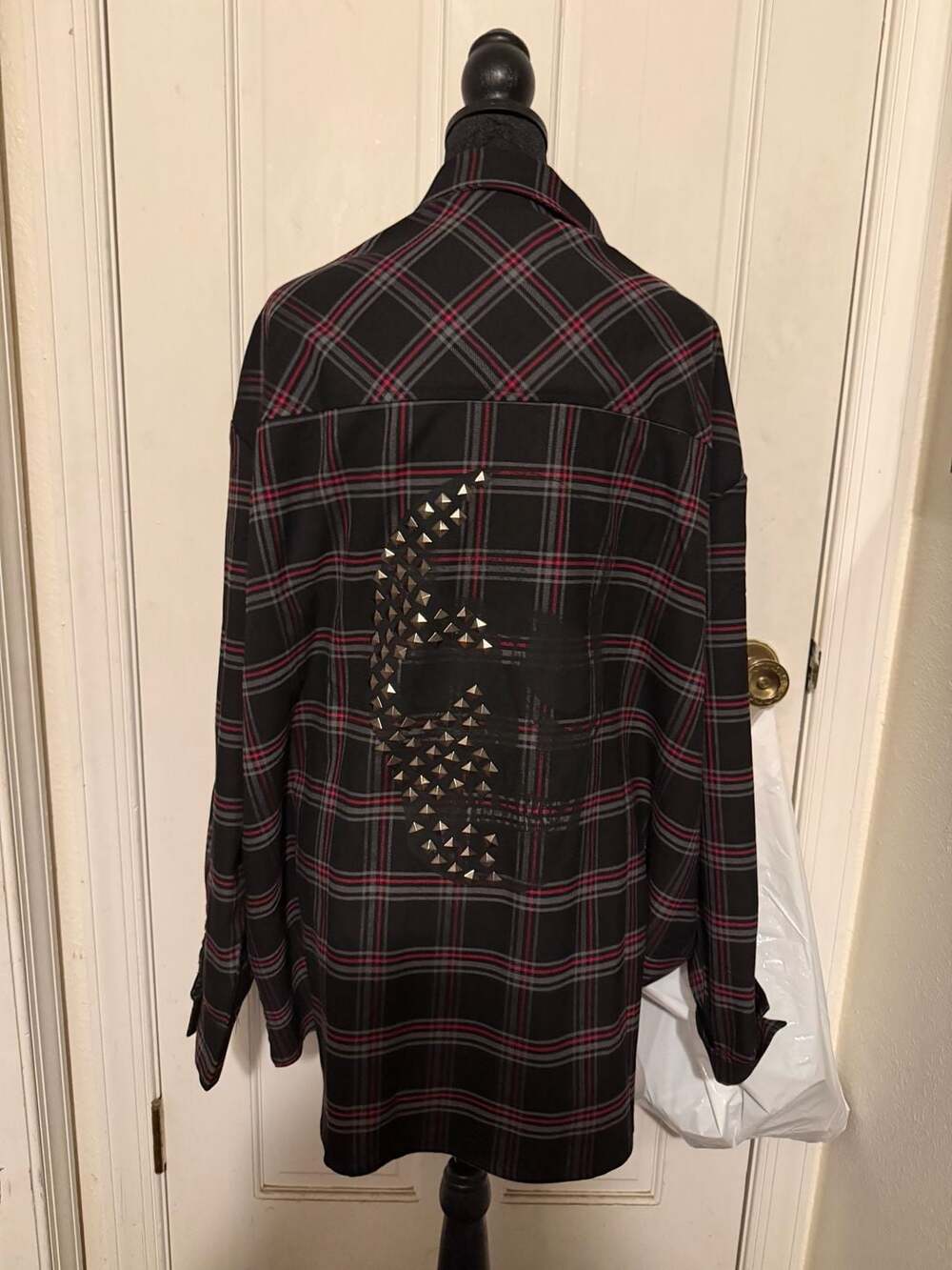 Social Collision Black and Red Plaid Studded Skull Button-Up Flannel Shirt